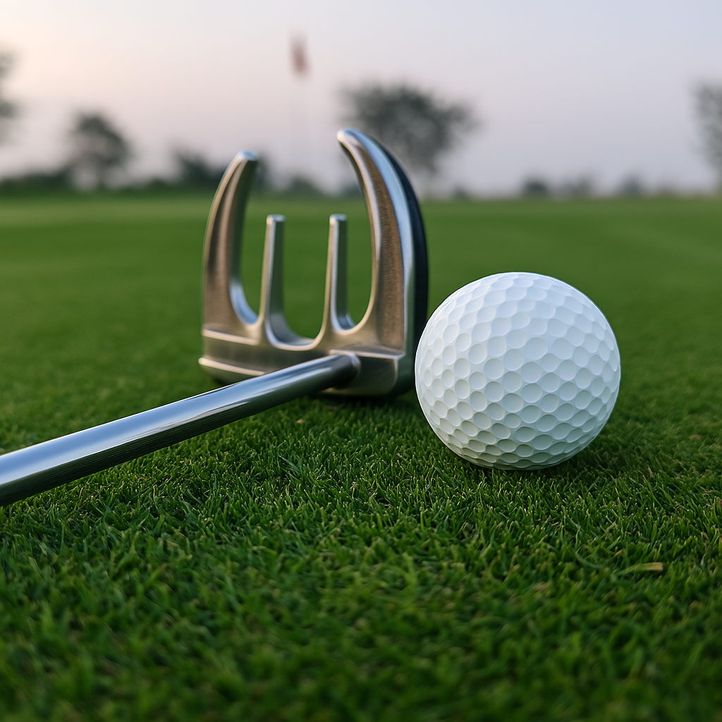 Close-up of a golf putter and a golf ball on the green