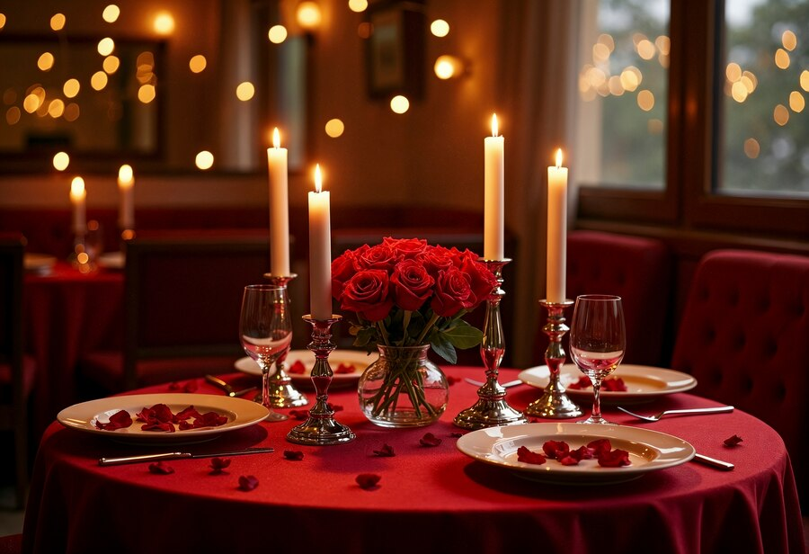 A beautifully set private dining table with candles