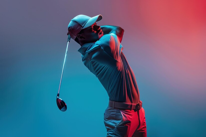 Golfer in mid-swing with dramatic lighting.